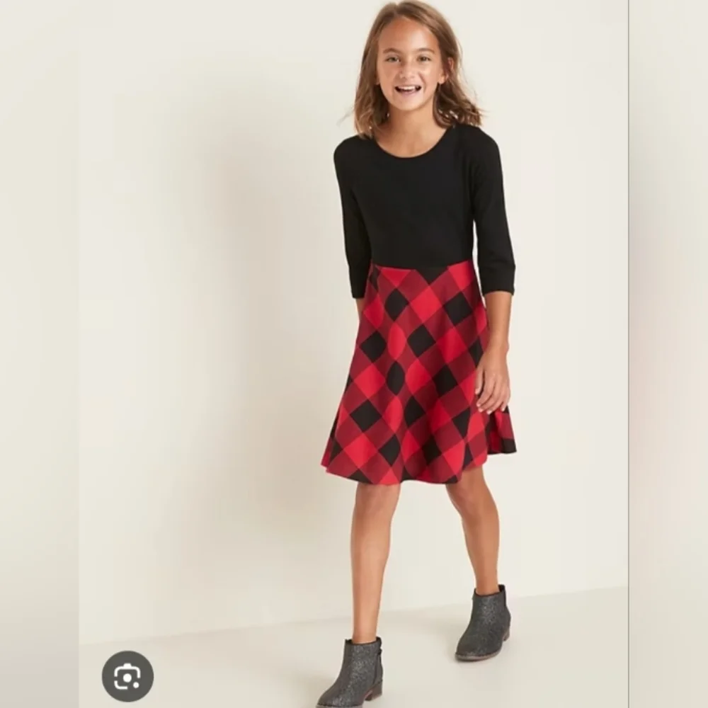Old Navy Girls Fit & Flare Red Black Buffalo Plaid Dress Party Holiday Casual